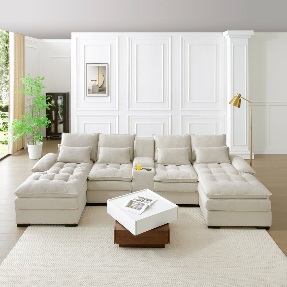English Elm 130" U-shaped Sectional Sofa Six Seat Linen Upholstered with Built-in Console and Chaise Beige W1117S00271