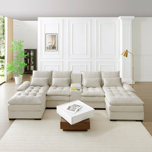 English Elm 130" U-shaped Sectional Sofa Six Seat Linen Upholstered with Built-in Console and Chaise Beige W1117S00271