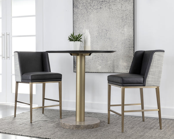 Sunpan Joplin Elegant Bar/Counter Stool with Luxurious Upholstery and Stylish Metal Frame for Modern Spaces Antique Brass, Cantina Black / Vera White Pepper