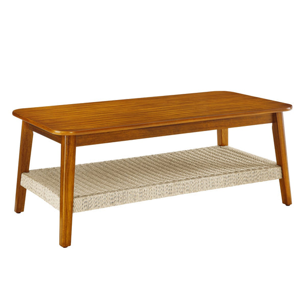 English Elm 47.25" Mid-Century Coffee Table with Woven Rattan Shelf, Wood Grain MDF Top & Solid Rubberwood Legs W1801P195652