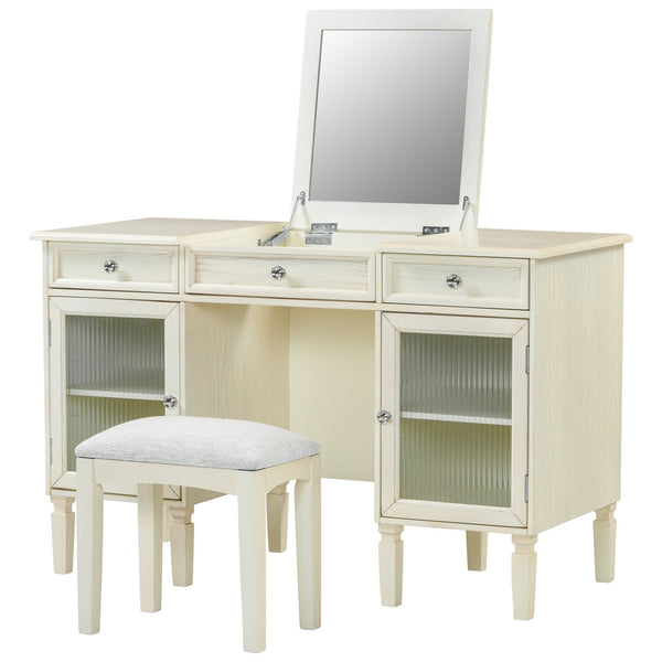 English Elm 2-in-1 Vanity Desk with Flip Mirror and Ample Storage — White Oak Dressing Table & Workstation N844P292487E