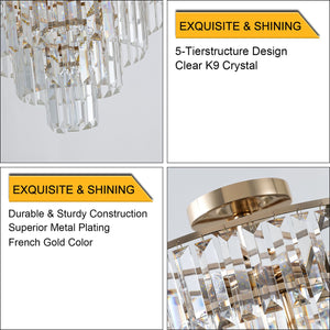 English Elm Gold Crystal 5-Tier Round Chandelier Semi-Flush Modern Luxury K9 Crystal Ceiling Light Fixture W2312P374964