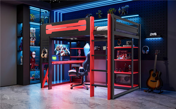 English Elm Full Size Loft Bed with Rgb Lighting Chevron Desk Usb Charging Ports and Storage Shelves Black+Red LT000286AAR