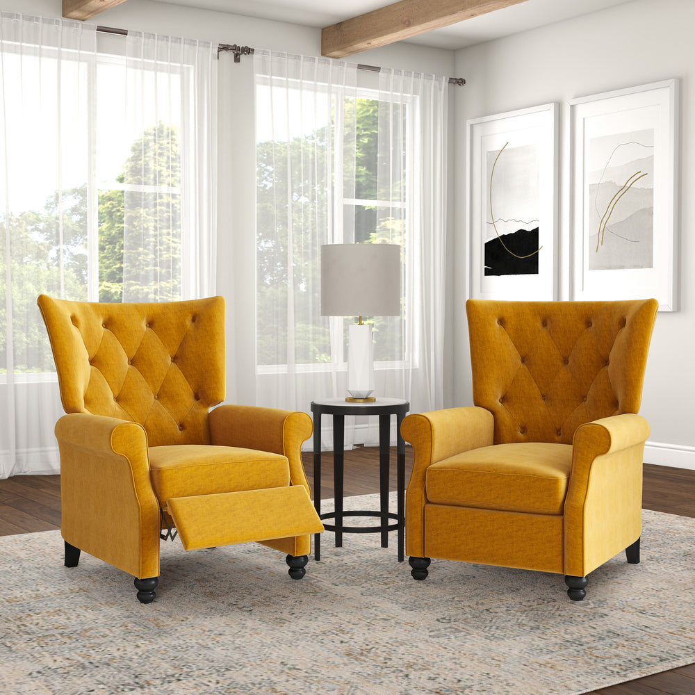 The Canary Prolounger Push Back Recliner In Mustard Yellow Velvet — Tufted Roll Arms, Espresso Legs, Cozy Support
