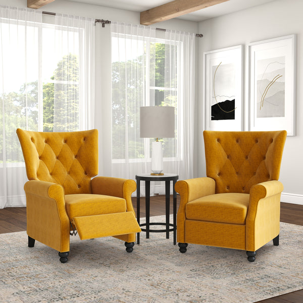 The Canary Prolounger Push Back Recliner In Mustard Yellow Velvet — Tufted Roll Arms, Espresso Legs, Cozy Support