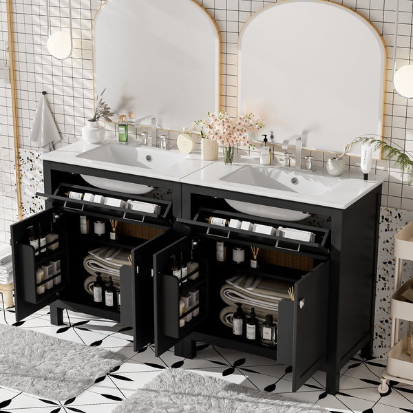English Elm 60" Modern Bathroom Vanity Set with Double Ceramic Sinks, Soft-Close Doors, Flip Drawer & Storage Black N729P000002B