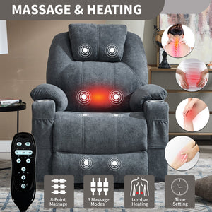 English Elm Up to 350 Lbs Chenille Power Lift Recliner with Massage Heating and Usb Charging Ports Grey W3224S00025