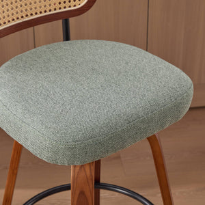 English Elm Set of 2 Swivel Counter Stools Walnut Frame Rattan Back Linen Seat Kitchen Island Light Green W1143P392172