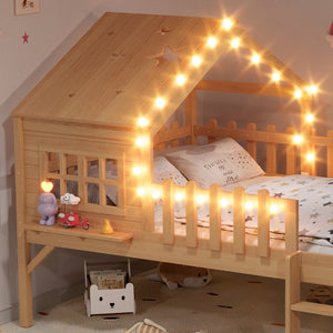 English Elm Twin Playhouse Loft Bed Solid Pine Frame with Slide Led Lights and Star Roof Natural W5316S00005