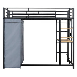 English Elm Twin Loft Bed with Built-In Desk, LED Light Strip, Power Outlet & Fabric Wardrobe for Small Rooms Black SF000178AAB