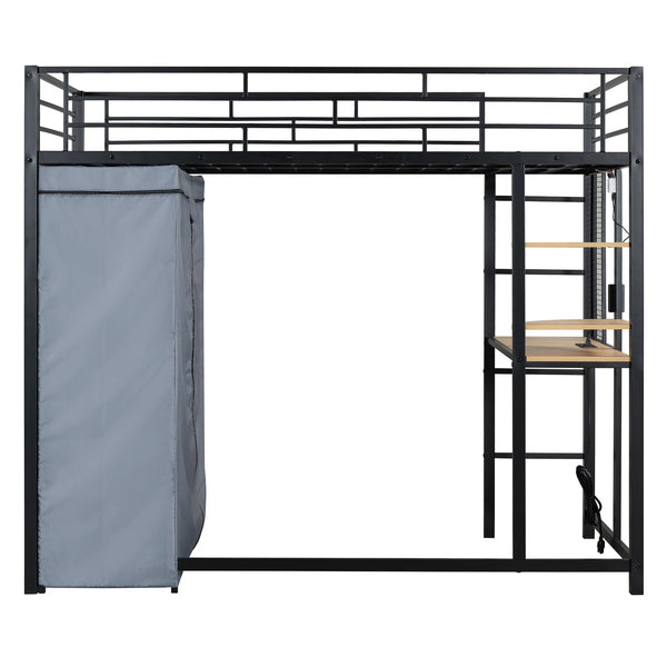 English Elm Twin Loft Bed with Built-In Desk, LED Light Strip, Power Outlet & Fabric Wardrobe for Small Rooms Black SF000178AAB