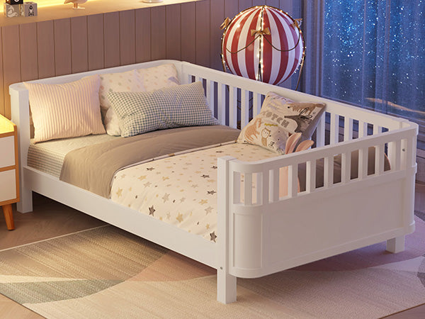 English Elm Twin Low Profile Pine Wood Kids Bed with Safety Rails and Fence Style Headboard W2593P367041