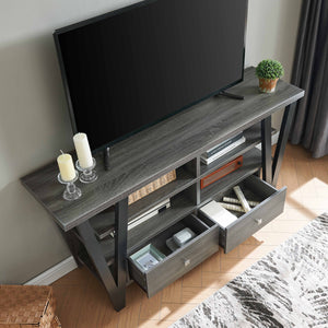 English Elm Tall TV Stand Two-Tone Grey & Black with Two Drawers, Divided Shelves, Metal Bar Handles, Stable Top B107P302101