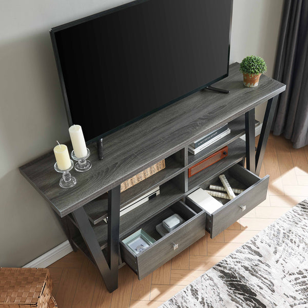 English Elm Tall TV Stand Two-Tone Grey & Black with Two Drawers, Divided Shelves, Metal Bar Handles, Stable Top B107P302101