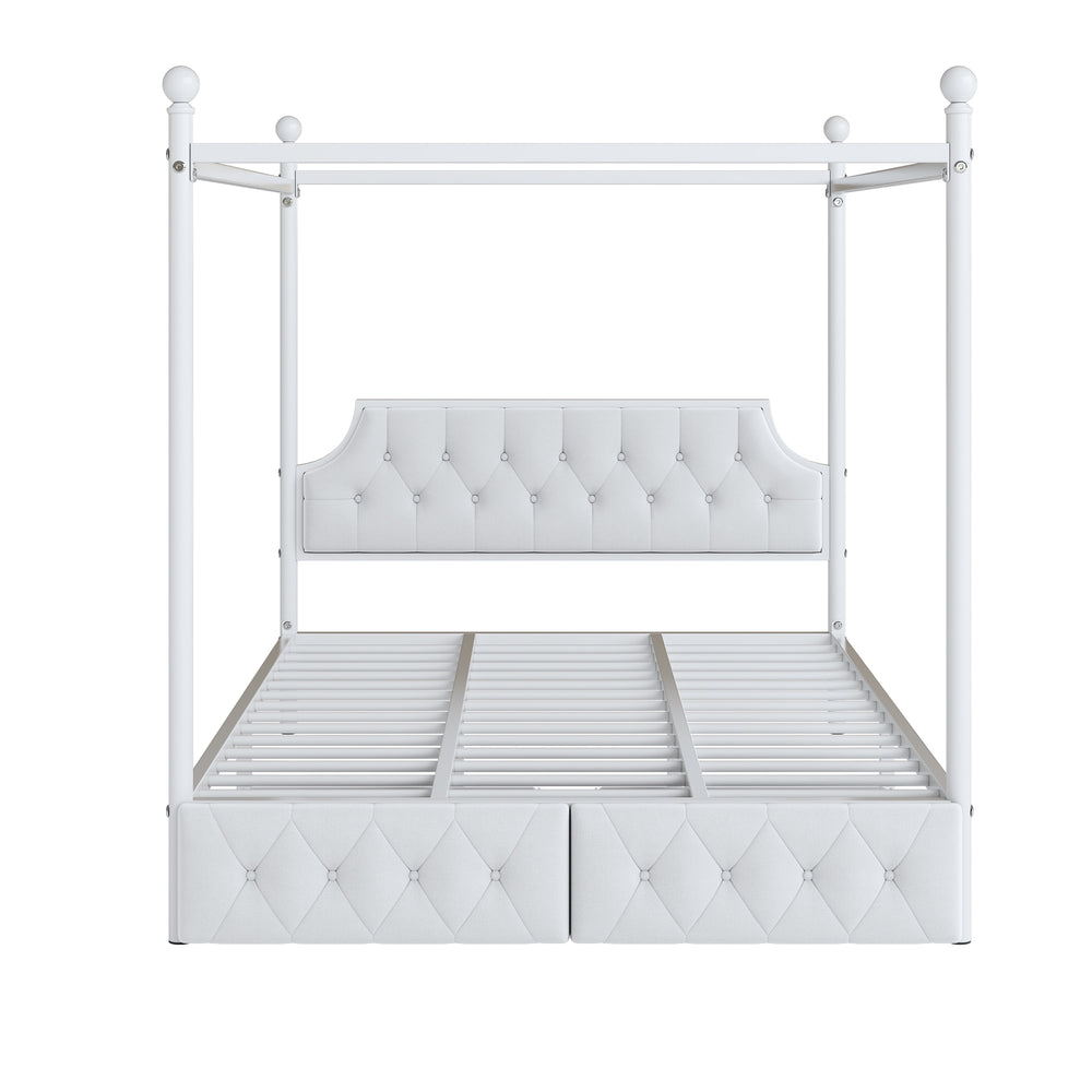 English Elm Queen Metal Canopy Platform Bed with Upholstered Velvet Headboard, Built-In Storage Drawers, White Elegance DL000656AAK