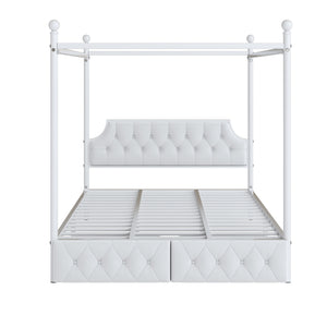 English Elm Queen Metal Canopy Platform Bed with Upholstered Velvet Headboard, Built-In Storage Drawers, White Elegance DL000656AAK