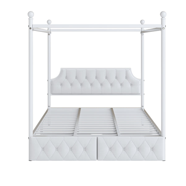English Elm Queen Metal Canopy Platform Bed with Upholstered Velvet Headboard, Built-In Storage Drawers, White Elegance DL000656AAK