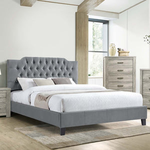 English Elm Gorgeous Arched Tufted Faux Leather Queen Bedframe with Diamond Headboard Trim and Modern Elegance Gray 59 L x 45 W x 6 H B011S02012