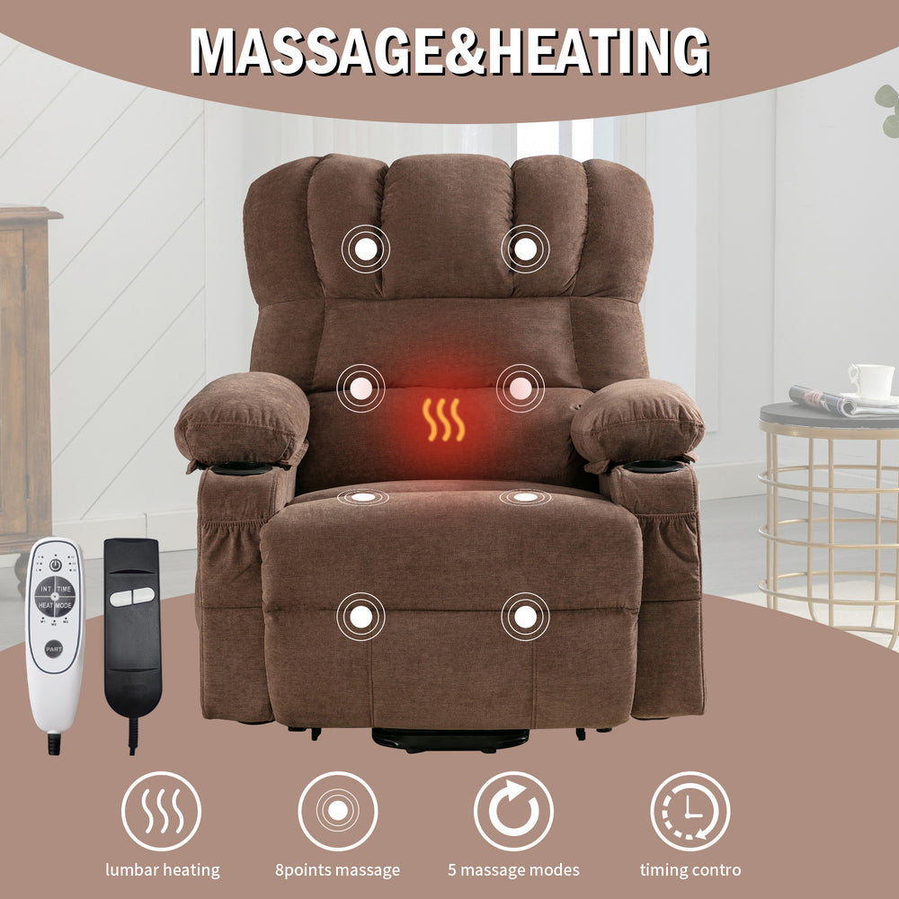 English Elm Power Lift Recliner Chair with Massage Heating Fleece Leather and Usb for Elderly Brown W1807P298855