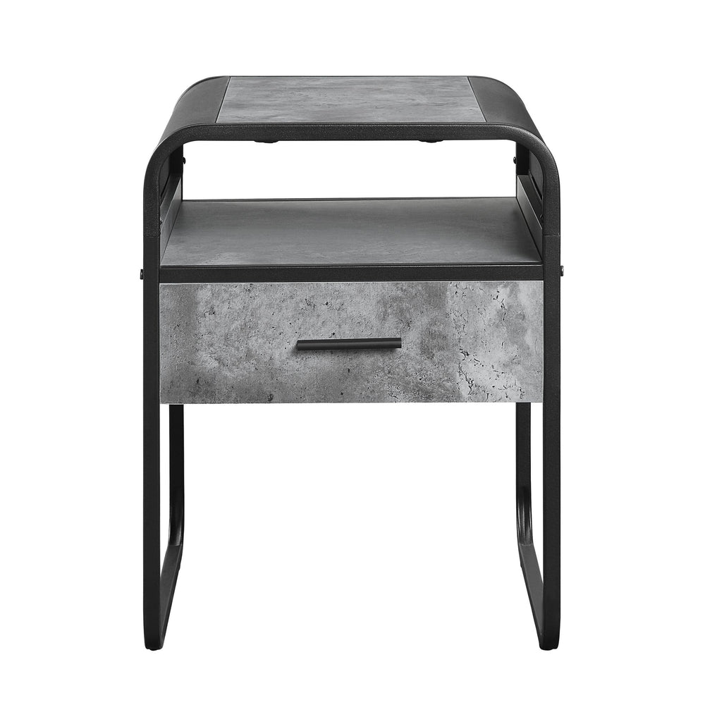 English Elm Modern Minimalist End Table With Drawer & Open Shelf - Sleek Black Metal Frame & Faux Concrete Top B2741P337032