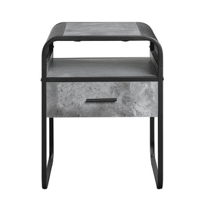 English Elm Modern Minimalist End Table With Drawer & Open Shelf - Sleek Black Metal Frame & Faux Concrete Top B2741P337032