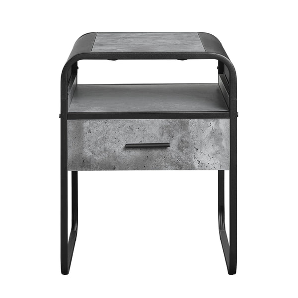 English Elm Modern Minimalist End Table With Drawer & Open Shelf - Sleek Black Metal Frame & Faux Concrete Top B2741P337032
