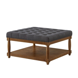 English Elm Large Tufted Linen Square Ottoman with Solid Wood Shelf for Living Room Use Charcoal W2186P379327