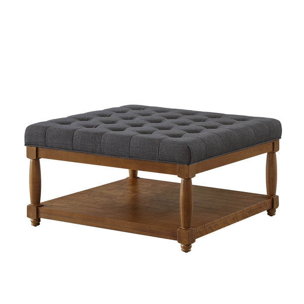 English Elm Large Tufted Linen Square Ottoman with Solid Wood Shelf for Living Room Use Charcoal W2186P379327