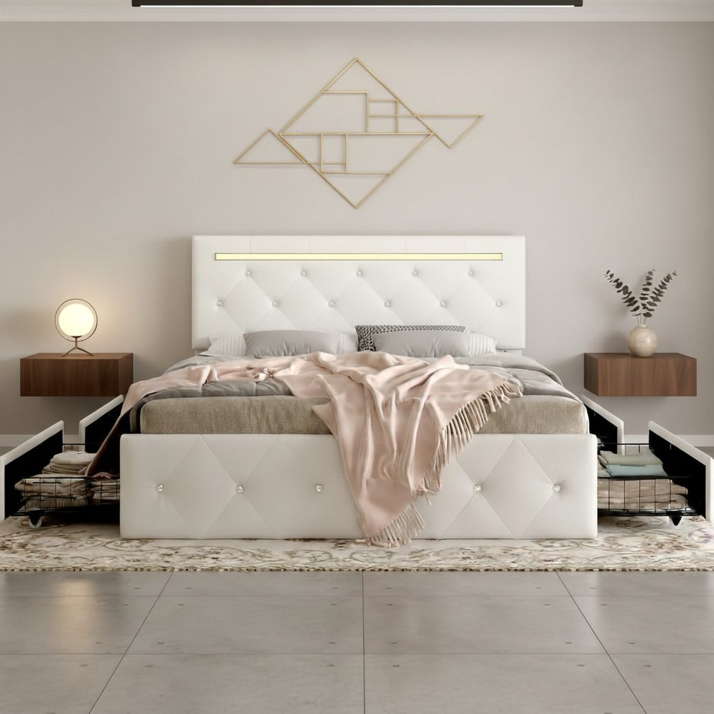 English Elm Full Size Pu Leather Storage Bed with Rgb Led Headboard and Charging Station White W5722P462437
