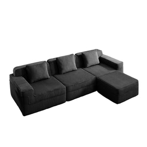 English Elm Modular 3-Seat L-Shape Sectional Couch - Plush Black Corduroy Sofa With Removable Pillows & Ottoman W3041S00325