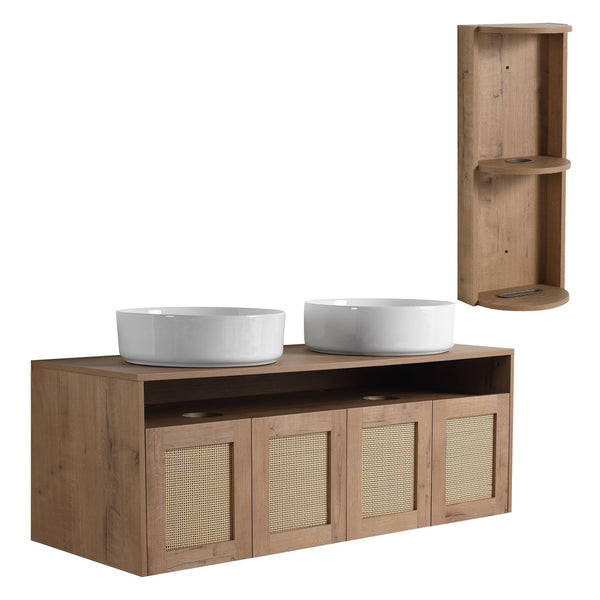 English Elm 48" Floating Bathroom Vanity Dual Ceramic Vessel Sinks Oak Finish Soft Close Doors W999S00504