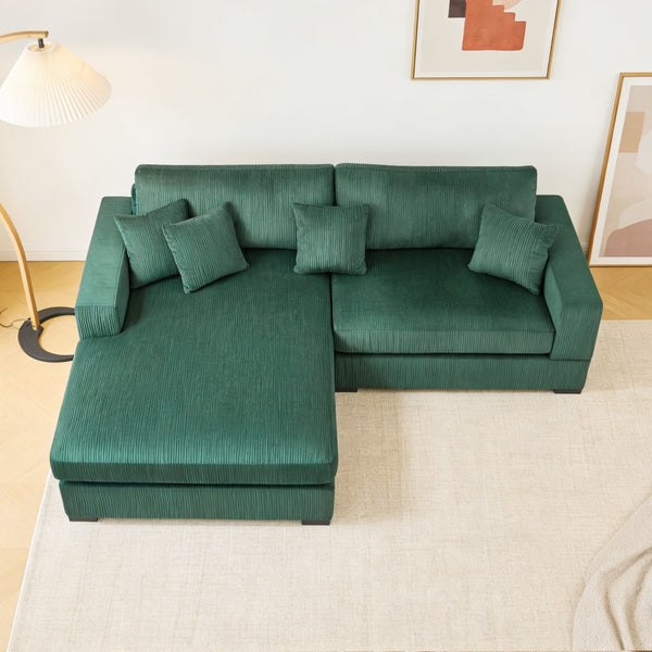 English Elm Mid Century Modern 3 Seater Sectional Sofa with Reversible Chaise and Accent Pillows Green W876S00346