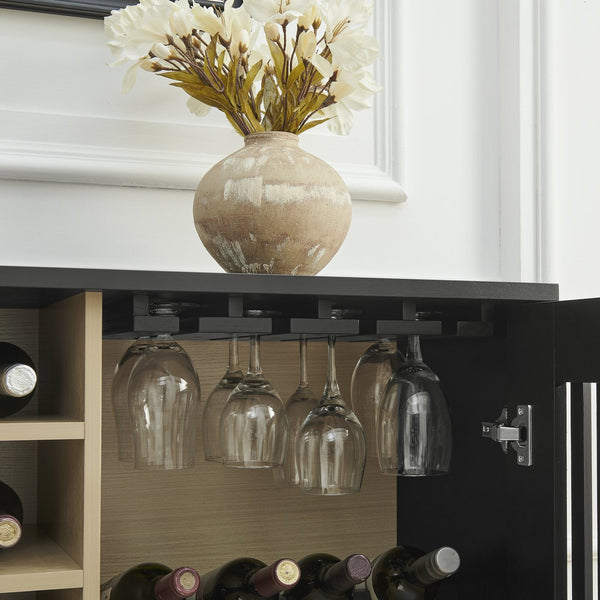 English Elm Mid Century Fluted Buffet Sideboard with Integrated Wine Rack and Glass Holder Storage Black W1801P454198