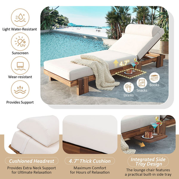 English Elm U_style Acacia Wood Outdoor Chaise Lounge with Retractable Tray and Padded Headrest Beige WY000473AAA