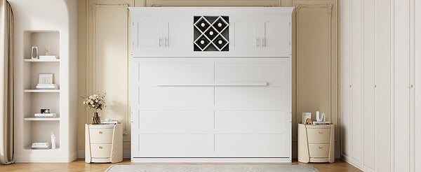 English Elm Queen Murphy Wall Bed with Storage Cabinets and Wine Rack for Small Space Living White LP000879AAK-1