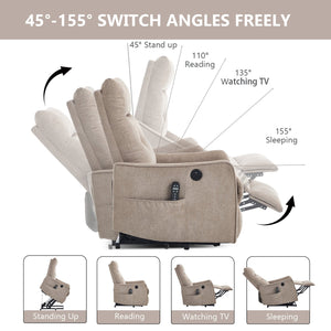 English Elm Beige Chenille Power Lift Recliner with Massage Heat and Usb for Senior Comfort Khaki W1803P364115