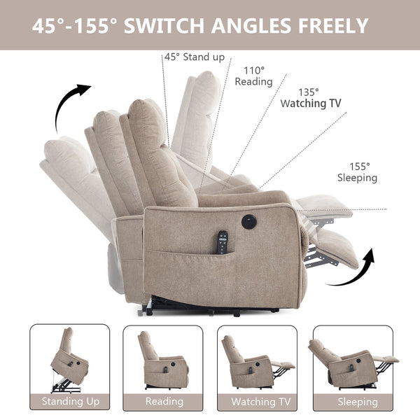 English Elm Beige Chenille Power Lift Recliner with Massage Heat and Usb for Senior Comfort Khaki W1803P364115