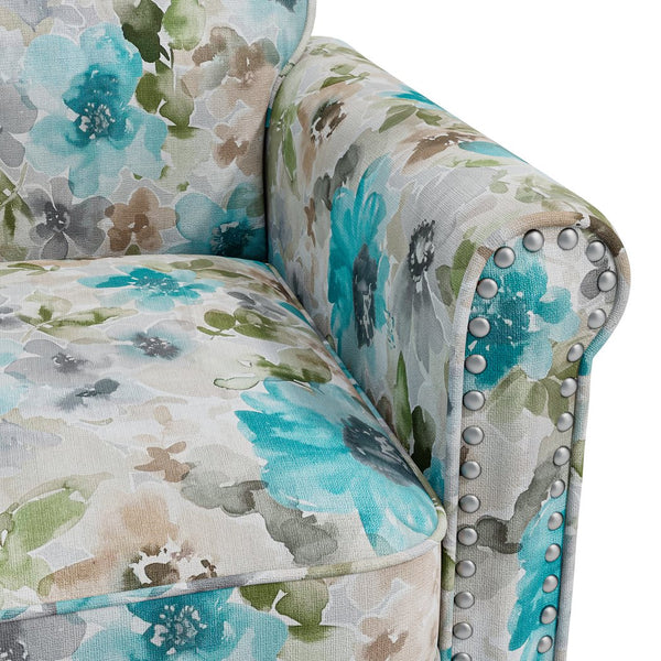English Elm Barnet Floral Accent Armchair with Pewter Nailhead Trim and Tapered Wood Legs B127P495064