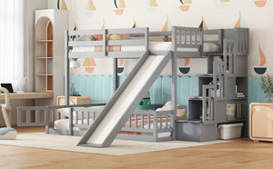 English Elm Twin Over Full Bunk Bed With Slide, Storage Staircase & Safety Guardrails - Grey Pine Design Fun! W504S00184-GIGA