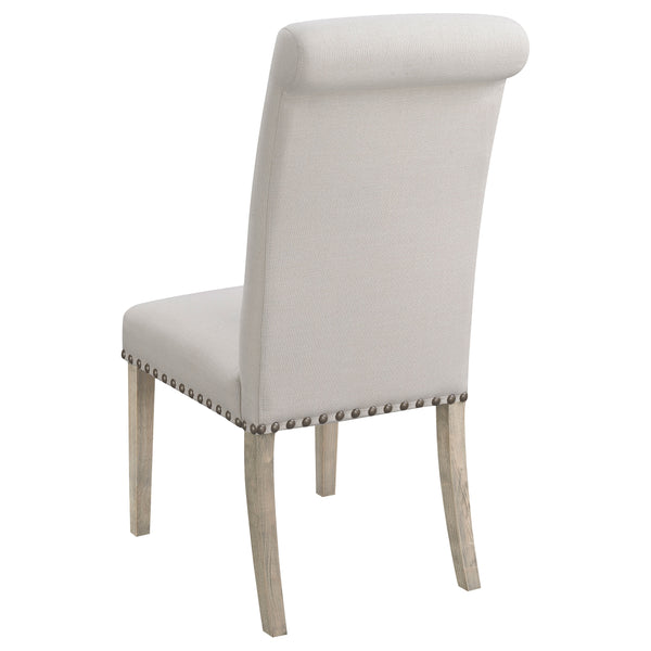 English Elm Rustic Honey Pine Pedestal Round Dining Set Seats Four with Nailhead Chair Trim B062S01830