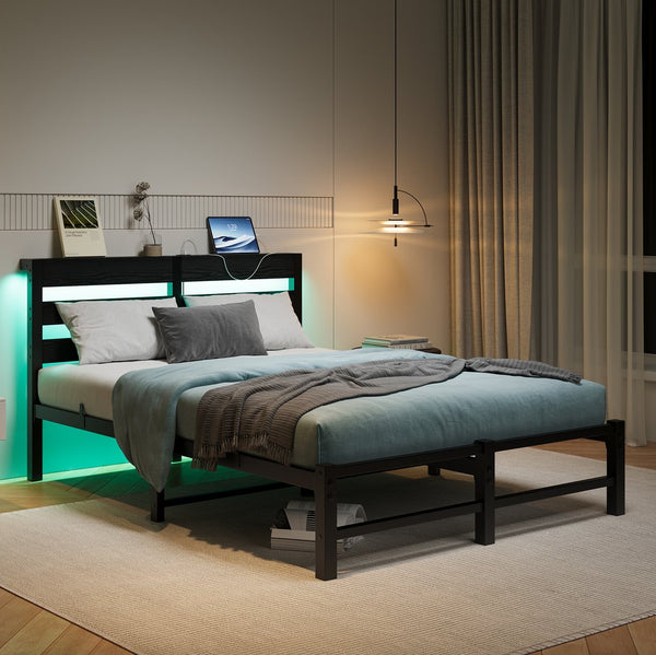 English Elm Full Metal Bed Frame with Wooden Headboard, USB Charging, RGB App Lighting, Large Under-Bed Storage Black W840P209906
