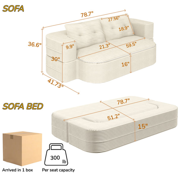 English Elm 78.7" Modern Foldable Corduroy Sofa Bed with 2 Plush Pillows, 2-in-1 Convertible Sleeper and Blanket Beige W3219P317382