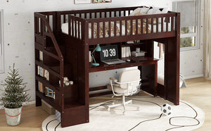 English Elm Twin Loft Bed with Movable Desk Open Shelving and Storage Stairs in Espresso W1580S00336