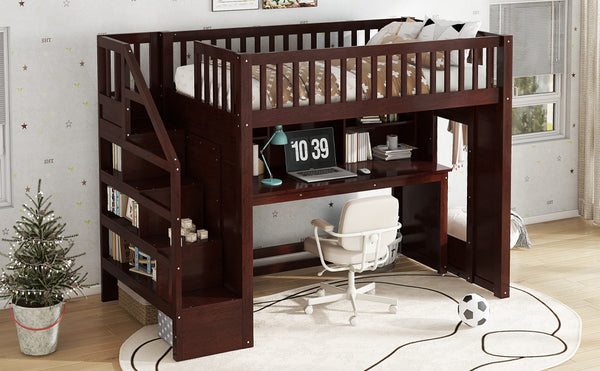 English Elm Twin Loft Bed with Movable Desk Open Shelving and Storage Stairs in Espresso W1580S00336