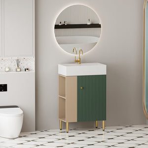 English Elm 21.6" Compact Bathroom Vanity Green Finish Wave Door Ceramic Sink Open Shelf Storage W1573S00021
