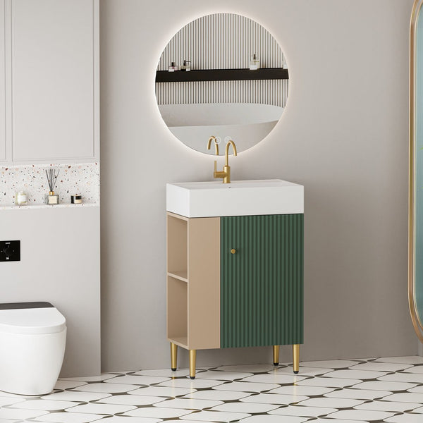 English Elm 21.6" Compact Bathroom Vanity Green Finish Wave Door Ceramic Sink Open Shelf Storage W1573S00021