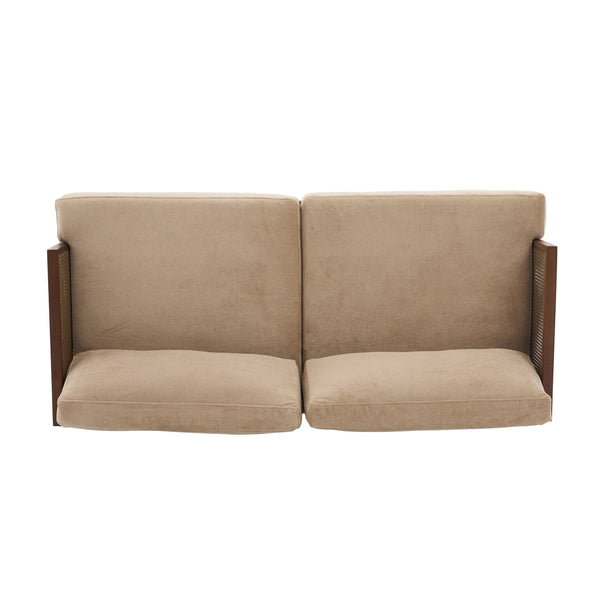 English Elm Emir Three Seat Boucle Sofa with Handwoven Cane Arms and Walnut Tapered Legs Camel N773P285909C