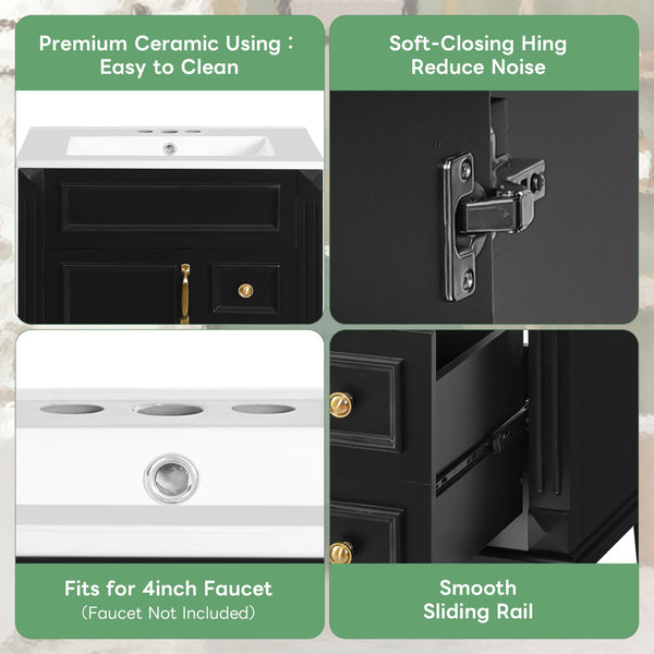 English Elm 24" French-Inspired Bathroom Vanity With Ceramic Sink, 2 Soft-Close Drawers & Adjustable Shelf N710P318989B