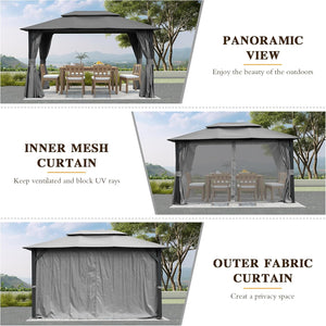 English Elm 10'x13' Outdoor Gazebo Steel Frame Double Roof Patio Shelter with Netting and Curtains Gray W1859P426721