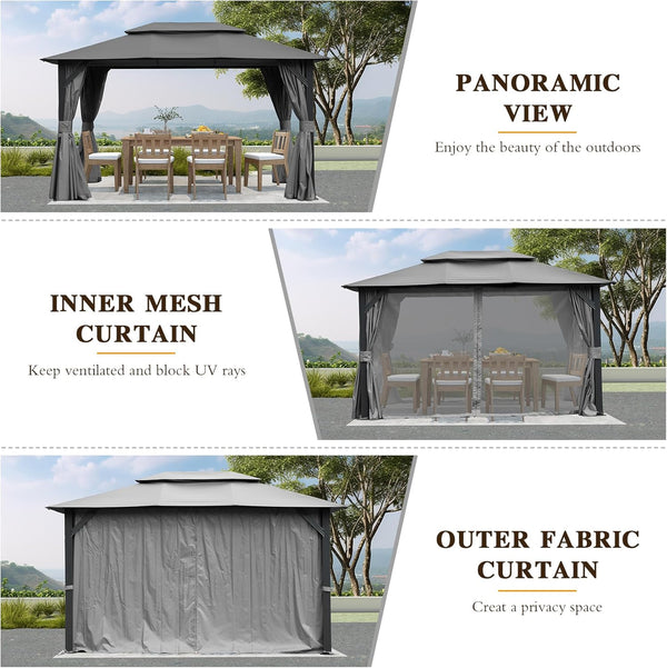 English Elm 10'x13' Outdoor Gazebo Steel Frame Double Roof Patio Shelter with Netting and Curtains Gray W1859P426721